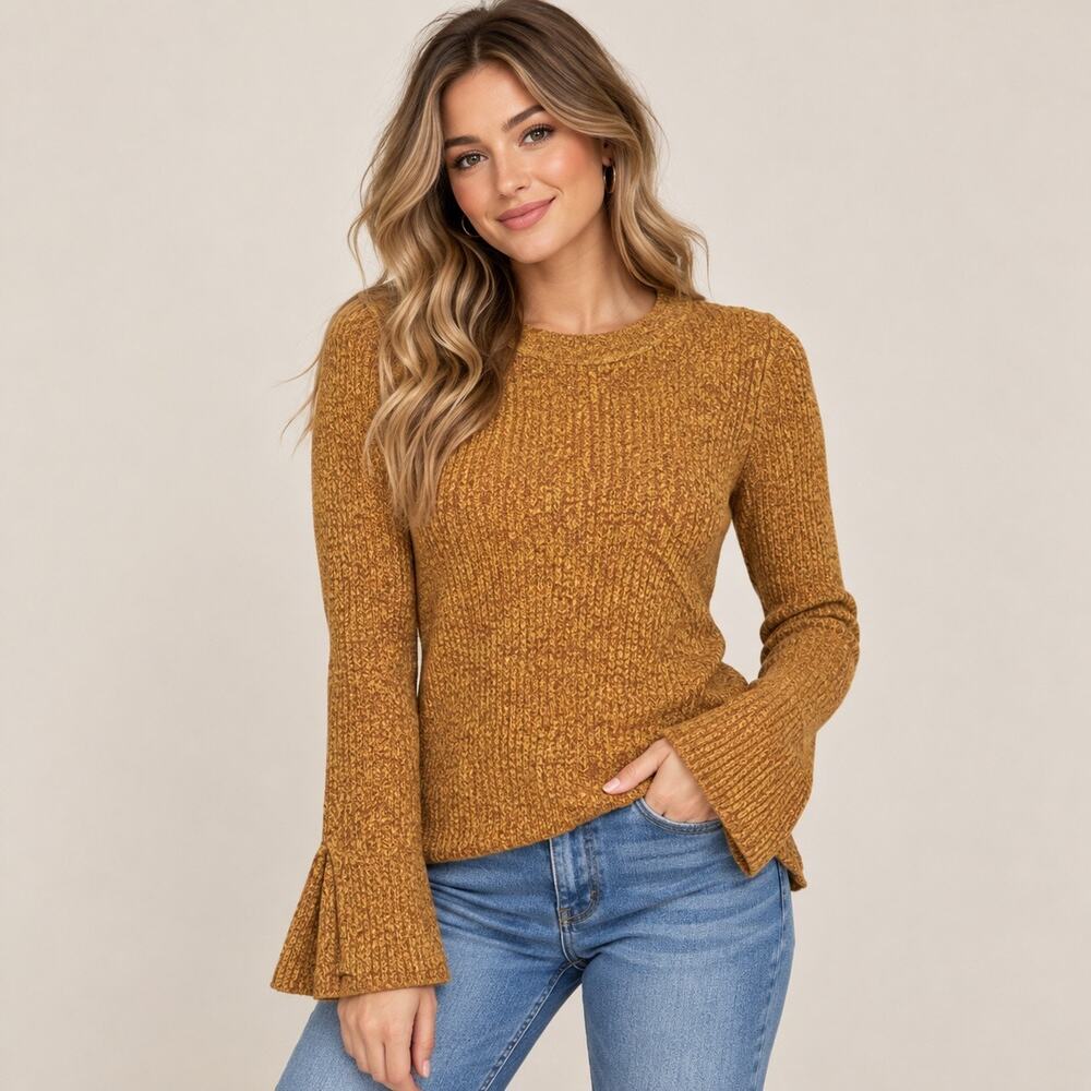 Womens M Burnt Orange Marled Knit Sweater Long Sleeve Bell Cuff Fall Cozy